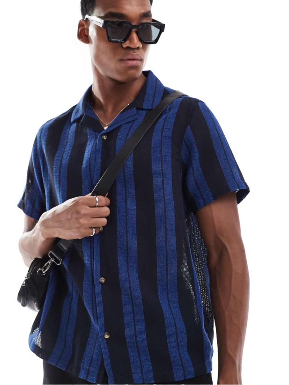 ASOS DESIGN Relaxed Camp Collar Basket Stripe Navy Button down Shirt Size 4X